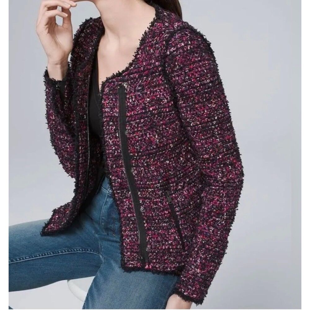 White House Black Market Purple/Black Tweed Jacket Fringe Hem Career/Casual XXS